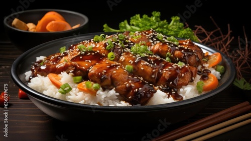 Realistic white rice with teriyaki beef and cut vegetables on a plate with black and blurry background