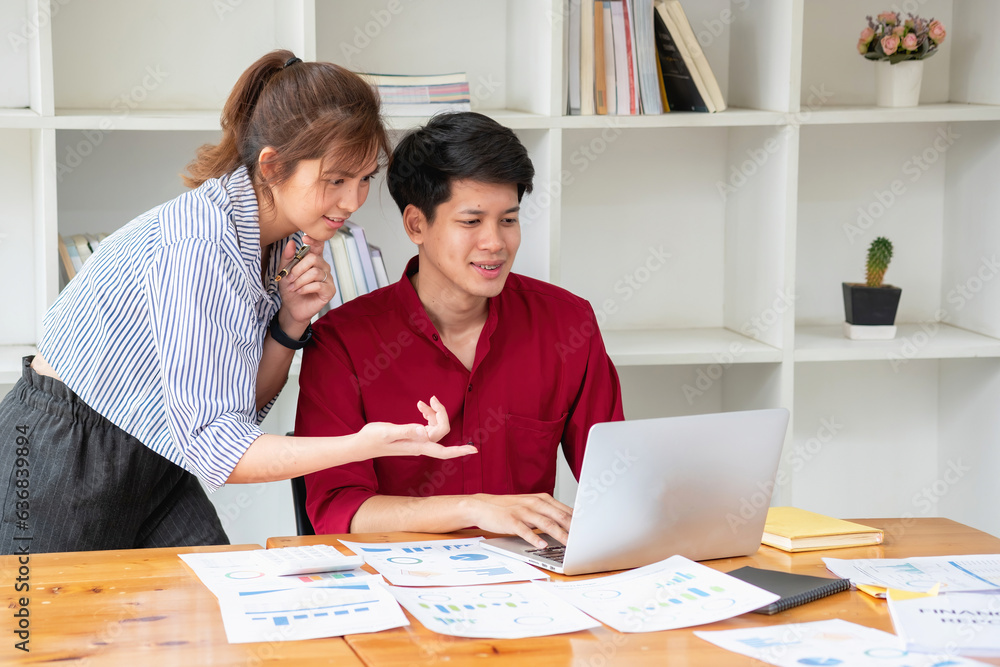 Marketing, Financial, Accounting, Planning, Team of business women analyze company results and profits with graph statistics. Use a laptop computer and a calculator to calculate the company balance. Marketing, Financial, Accounting, Planning, Team of business women analyze company results and profits with graph statistics. Use a laptop computer and a calculator to calculate the company balance.