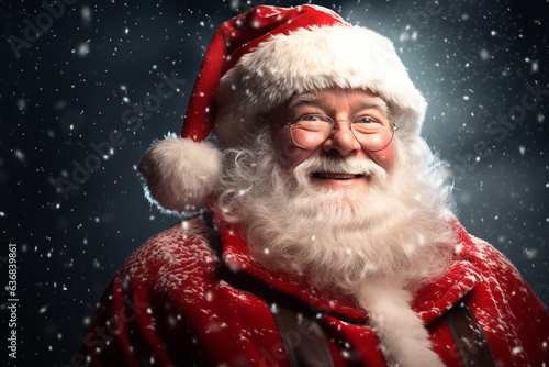Christmas, New Year holidays concept. Happy traditional close-up Santa Claus portrait. Santa with gray beard and wearing red traditional costume with hat smiling to camera. Generative AI © Rytis