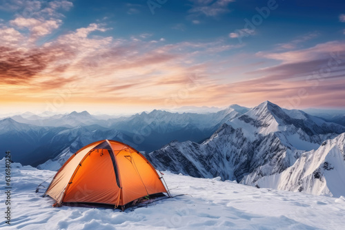 Orange tent standing in a mountains on the snow at sunrise