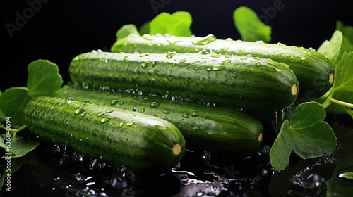 Realistic fresh green cucumber splashed with water on black and blurred background