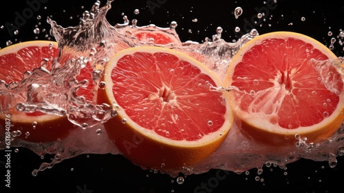 Realistic fresh grapefruits splashed with water on black and blurred background