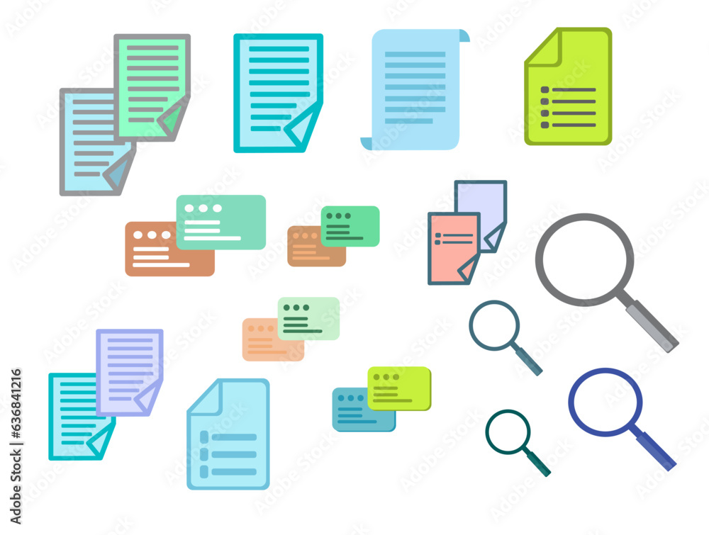Vector file document set icon and magnifier. File search flat color icon. Document verification symbol on white isolated background. Vector file document set icon and magnifier. File search flat color icon. Document verification symbol on white isolated background.