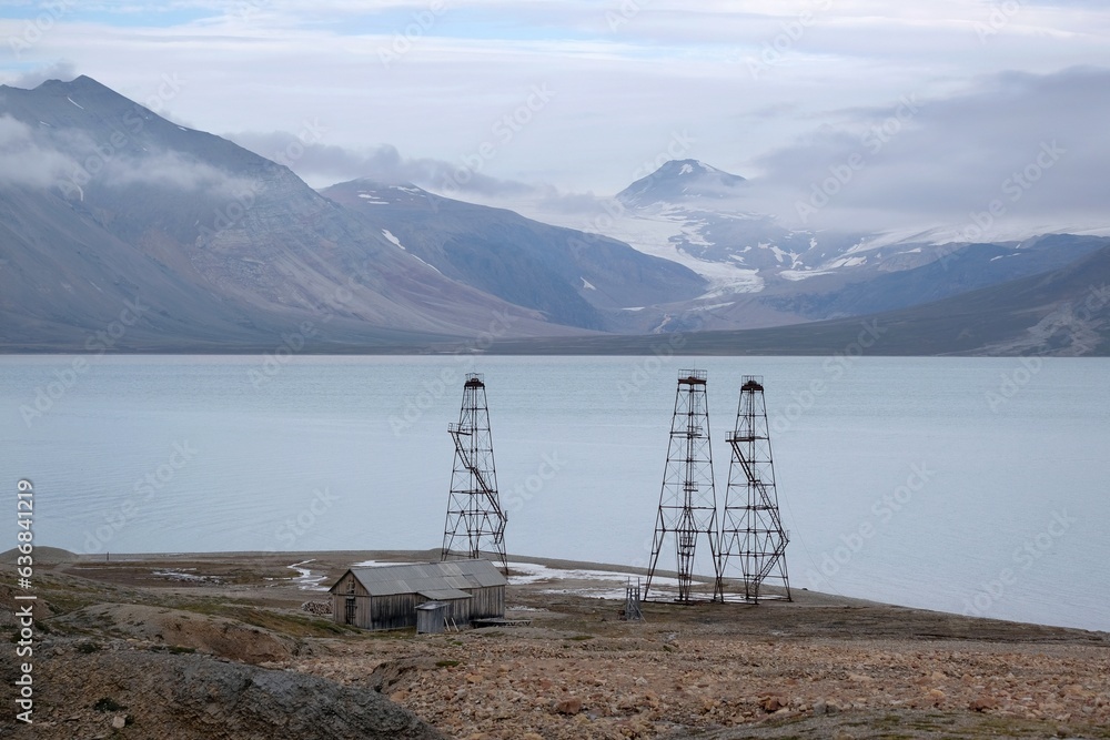 Pyramiden, Norway - 19 July 2023: Test drilling tower near to abandoned russian mining town Pyramiden in Svalbard, Spitsbergen, Norway. 