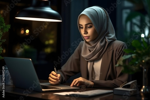 beautiful young secretary woman with good looking outfit and hijab, working in the office