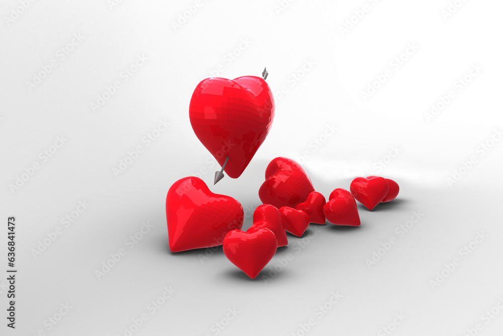 Digital png illustration of 3d red hearts, one shot with arrow on transparent background