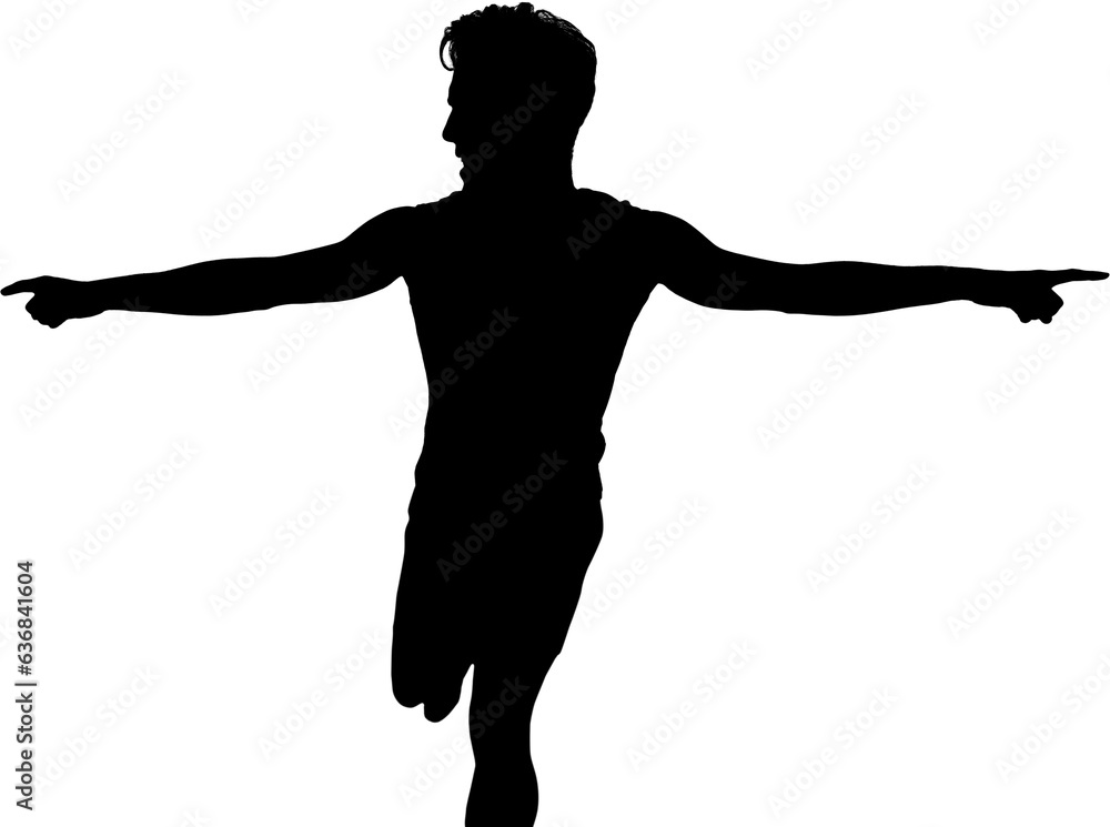 Digital png illustration of male runner pointing fingers on finish line on transparent background