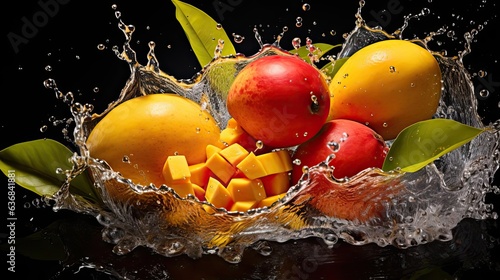 Realistic fresh yellow mangoes splashed with water on black and blurred background
