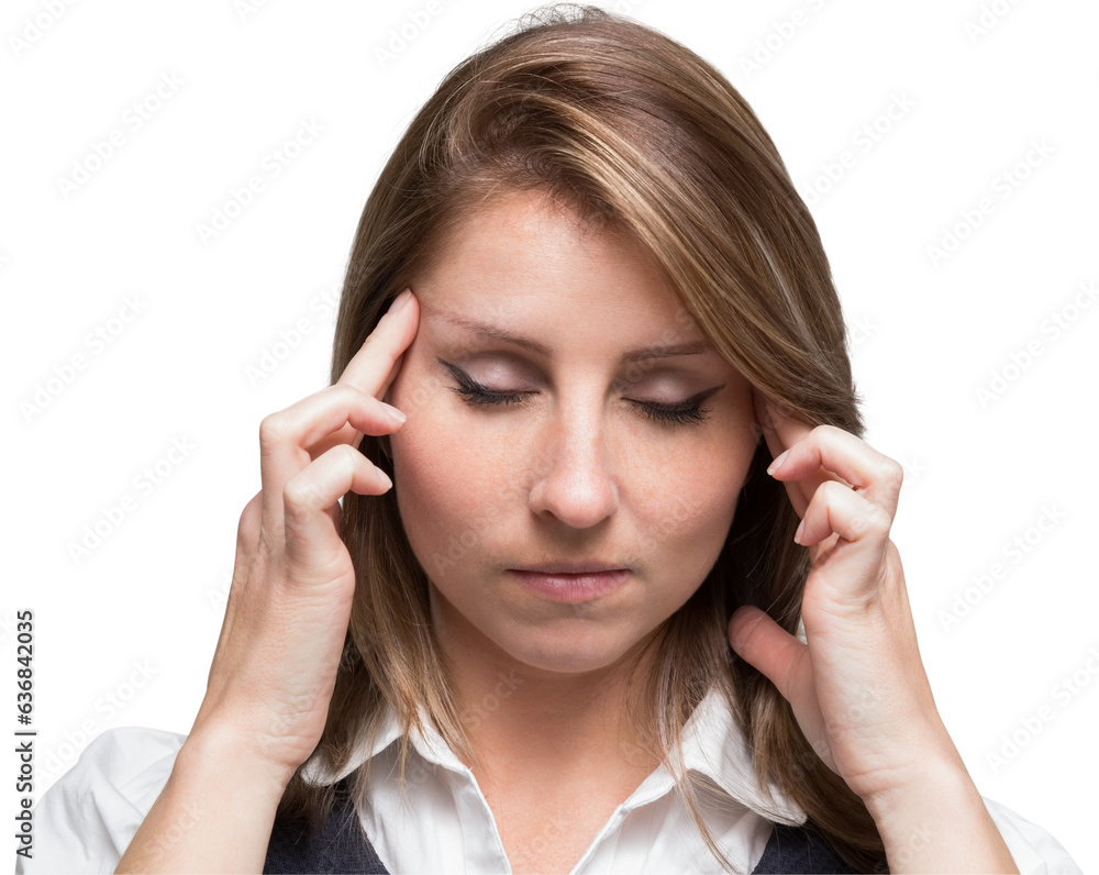 Digital png photo of caucasian businesswoman holding temples on transparent background Digital png photo of caucasian businesswoman holding temples on transparent background