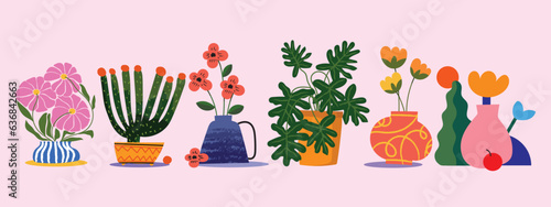 Set of flowers and plants in pots, vases with different shapes vector illustration.