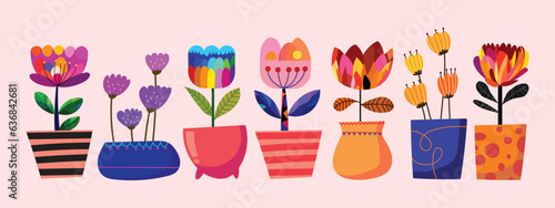 Set of flowers and plants in pots, vases with different shapes vector illustration.