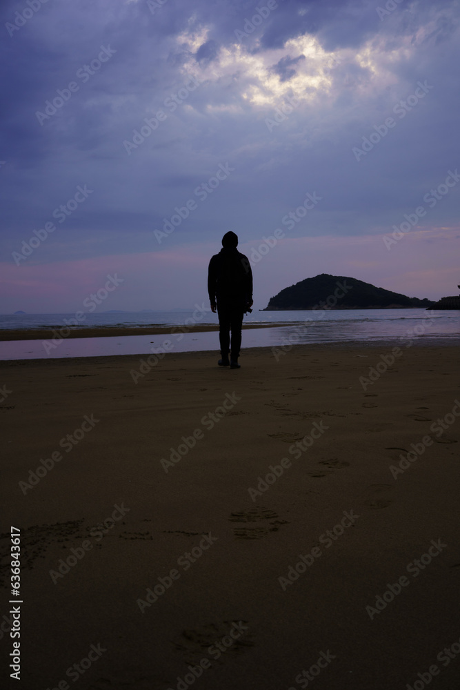 person standing on the beach at sunset