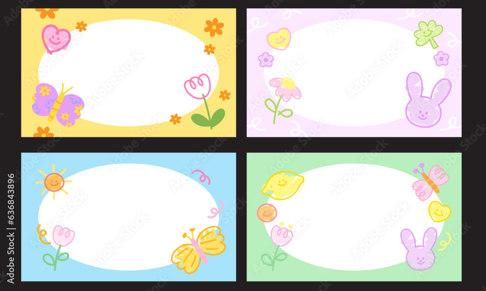Doodles of rabbit, butterfly, flowers, heart on frame, banner, name tag, memo, sticky note, wallpaper, background, ad template, notepad, nature, floral print, garden, summer, zoo, animal, easter Doodles of rabbit, butterfly, flowers, heart on frame, banner, name tag, memo, sticky note, wallpaper, background, ad template, notepad, nature, floral print, garden, summer, zoo, animal, easter