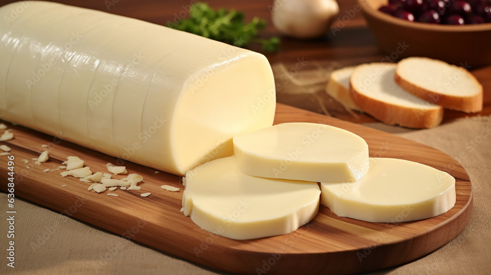 Provolone cheese a pale gold cylinder. Its semihard texture carries a slightly tangy taste