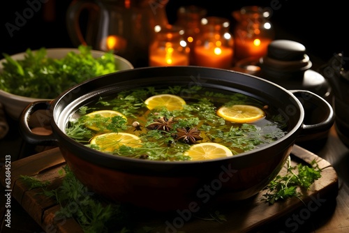 Chicken soup with herbs and lemon in a pot on a wooden table