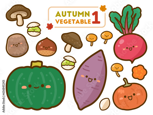 秋の野菜のイラスト素材セット、かわいい顔のある野菜いろいろ