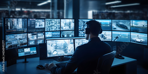 Male Officer Works on a Computer with Surveillance CCTV Video in a Harbour Monitoring Center with Multiple Cameras on a Big Digital Screen. Employees Sit in Front of Displays with Big Data