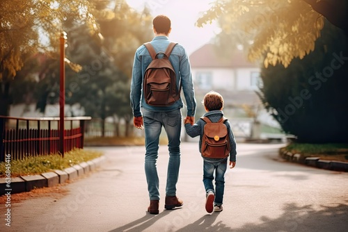 Father and son walking to kindergarten hand in hand. Photo generative AI