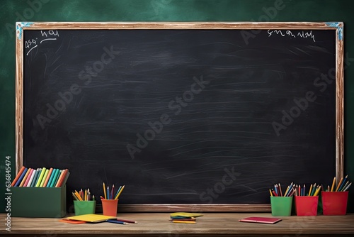 Classic chalkboard with chalks and eraser - Back to School vibes. Photo generative AI photo