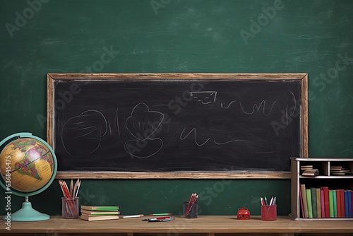 Classic chalkboard with chalks and eraser - Back to School vibes. Photo generative AI