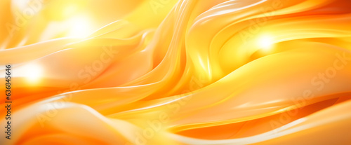 Luxurious satin drapery swirls with elegance, forming a shiny gold curve. Futuristic shapes blend with soft silk waves, creating a modern abstract artwork. Bright orange accents and creative patterns 