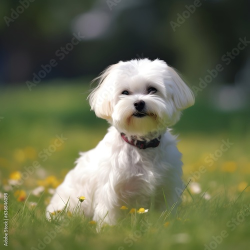 a cute maltese dog sits on grass under beautiful sunlight, and looks at the camera.  Background with copy space.