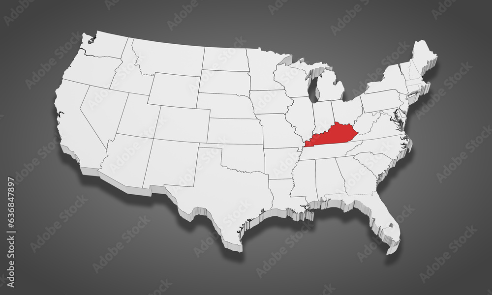 Kentucky State Highlighted on the United States of America 3D map. 3D Illustration