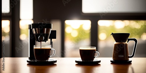 coffee machine with cup of fresh espresso coffee on wooden kitchen counter sunny morning, cup and cappuccino automat in focus and blurred background. Modern kitchen concept. Generative AI