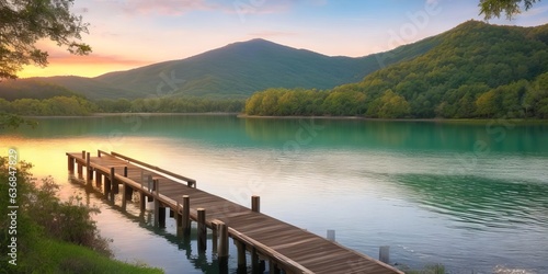 Long bridge on river or lake. Wooden old bridge perspective in early morning with blue sky   clouds. Nature panoramic amazing wild landscape and river bridge  walkway or path background. Generative AI