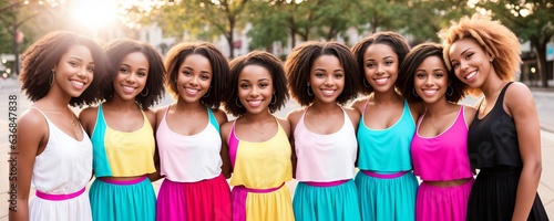 Banner of Female african american students standing outdoors university. Portrait of young african woman looking at camera, Education concept. Optimistic glad dark skinned young women. Generative AI