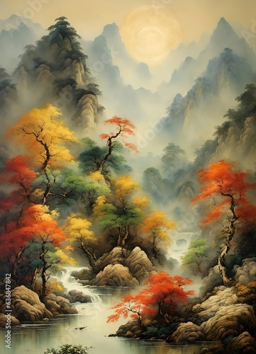 Mountains, forest and river Chinese traditional painting