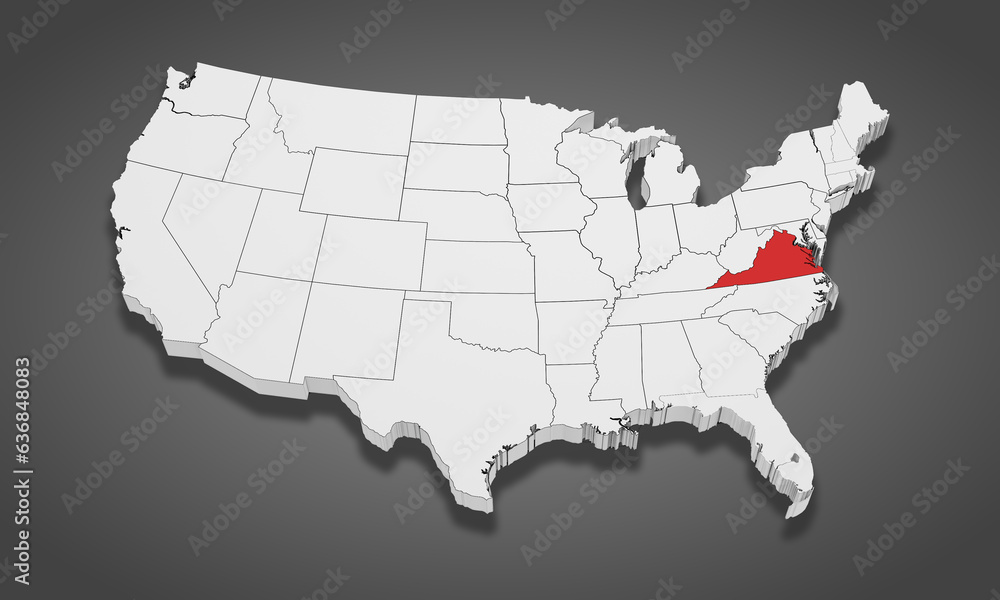 Virginia State Highlighted on the United States of America 3D map. 3D Illustration
