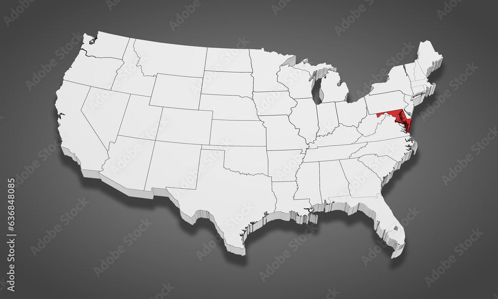 Maryland State Highlighted on the United States of America 3D map. 3D Illustration