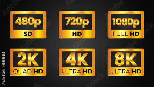 Video resolution icons set, labels of 4K, 8K and 2K and Full Ultra HD, vector TV screen quality. Display format and video resolution of high definition 1080p, ultra HD or UHD, 480p SD and 720p or QUAD