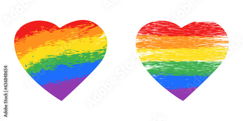 Two variants of the LGBT heart. Isolated vector hearts made from paint strokes. Rainbow hearts in two versions. Vector.
