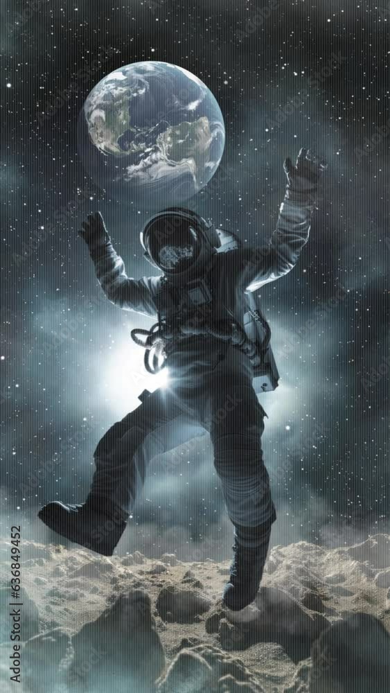 An animation of a Sci-Fi Astronaut floating above a moon like surface with the earth rotating in the cosmos. An animation of a Sci-Fi Astronaut floating above a moon like surface with the earth rotating in the cosmos.