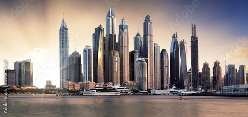 Dubai panorama skyline at dramatic sunset in Marina  United Arab Emirates