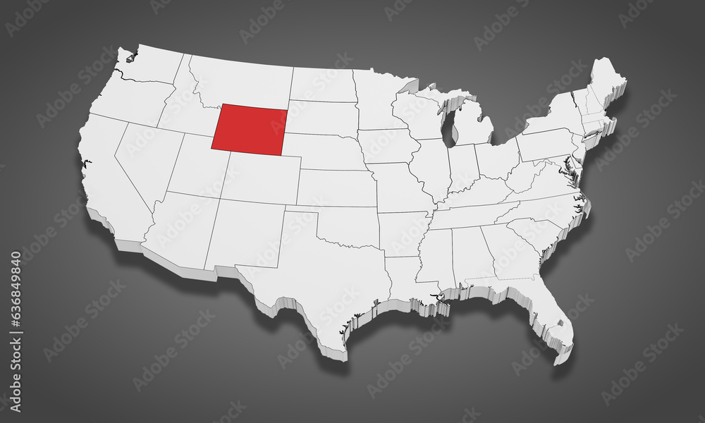 Wyoming State Highlighted on the United States of America 3D map. 3D Illustration