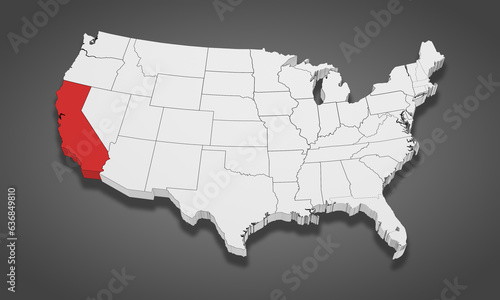 California State Highlighted on the United States of America 3D map. 3D Illustration