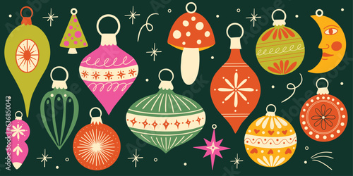 Collection of Christmas ornaments elements, xmas baubles vector illustration set, winter holiday decorations stickers, retro cartoon flat Christmas balls design concept