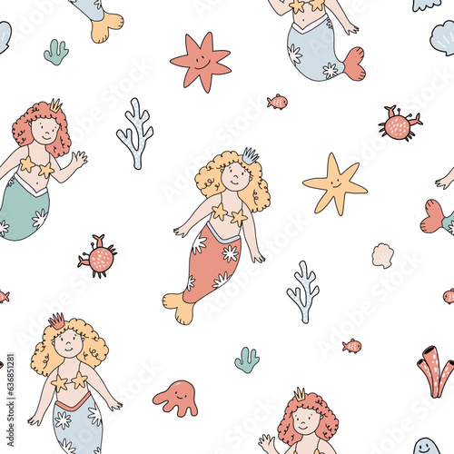 Beautiful vector seamless pattern with cute hand drawn mermaids and sea life.