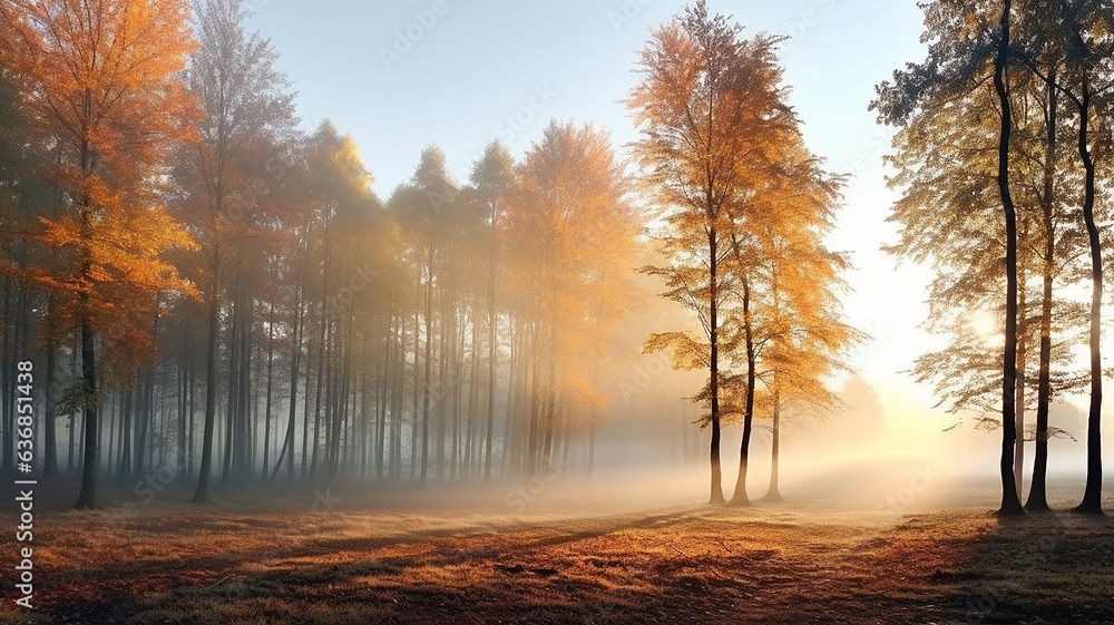 Naklejka premium landscape morning in the autumn misty forest, the rays of sunlight at dawn shine through the fog in a panoramic view of the October park