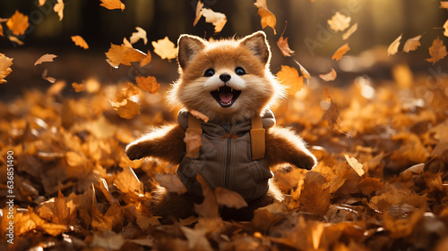 cartoon plush cute fox runs in leaf fall on autumn leaves a view of wild nature joy of change, dynamic scene of flying leaves