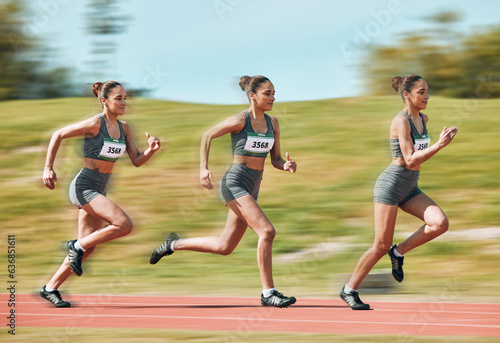 Sports, running and sequence of woman on race track in stadium for exercise, training and workout. Fitness, fast and female athlete with motion blur for speed for challenge, competition and marathon