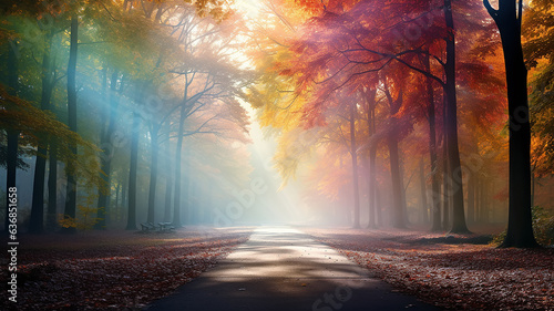 landscape in a fabulous forest, rainbow spectrum of colorful autumn trees in unusual neon lighting, fog background autumn fantasy