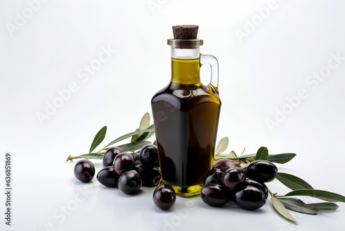 Generative AI. Olive oil and olives isolated on reflective white background. Olive oil in a bottle, green olives and olive tree branches isolated on white background