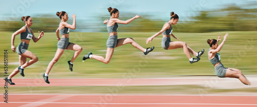 Sports, long jump and sequence of woman on race track in stadium for exercise, training and workout. Fitness, fast and female athlete in action with motion blur for challenge, competition and jumping photo