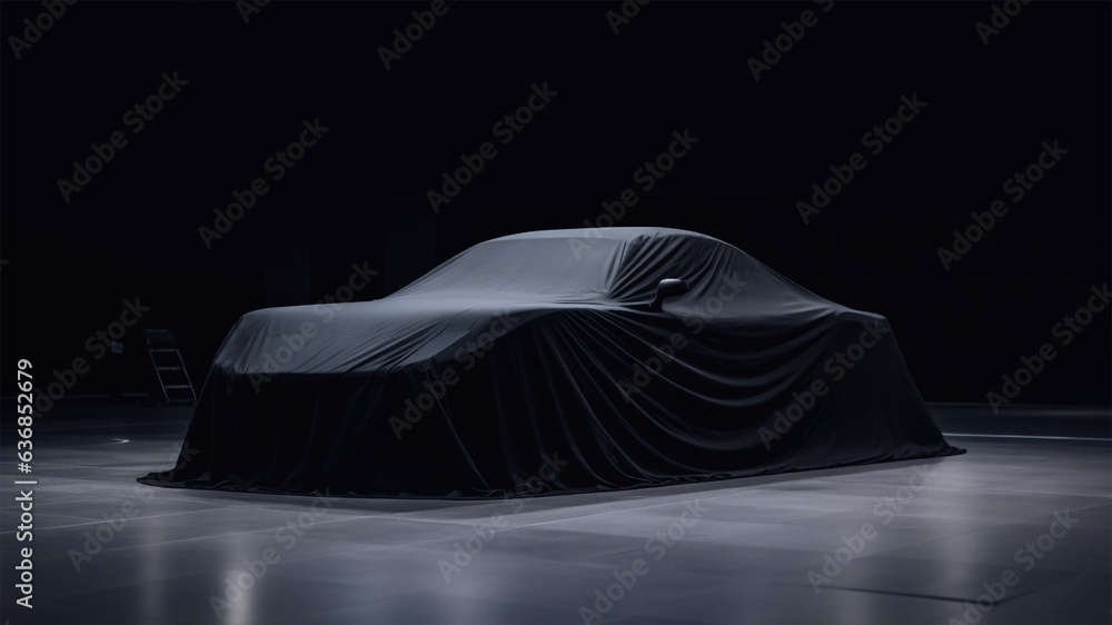 unknown new mystery car presentation covered by black fabric, sports car is hidden under cloth, stands in black garage. Ai generated art	
 - obrazy, fototapety, plakaty 
