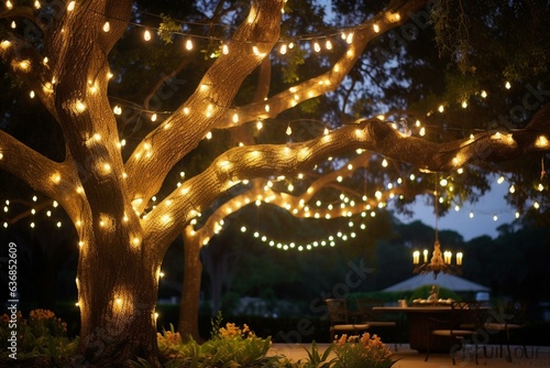 Elegant string lights adorn garden tree at night. Generative AI