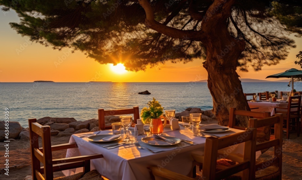 Photo of a romantic sunset dinner for two
